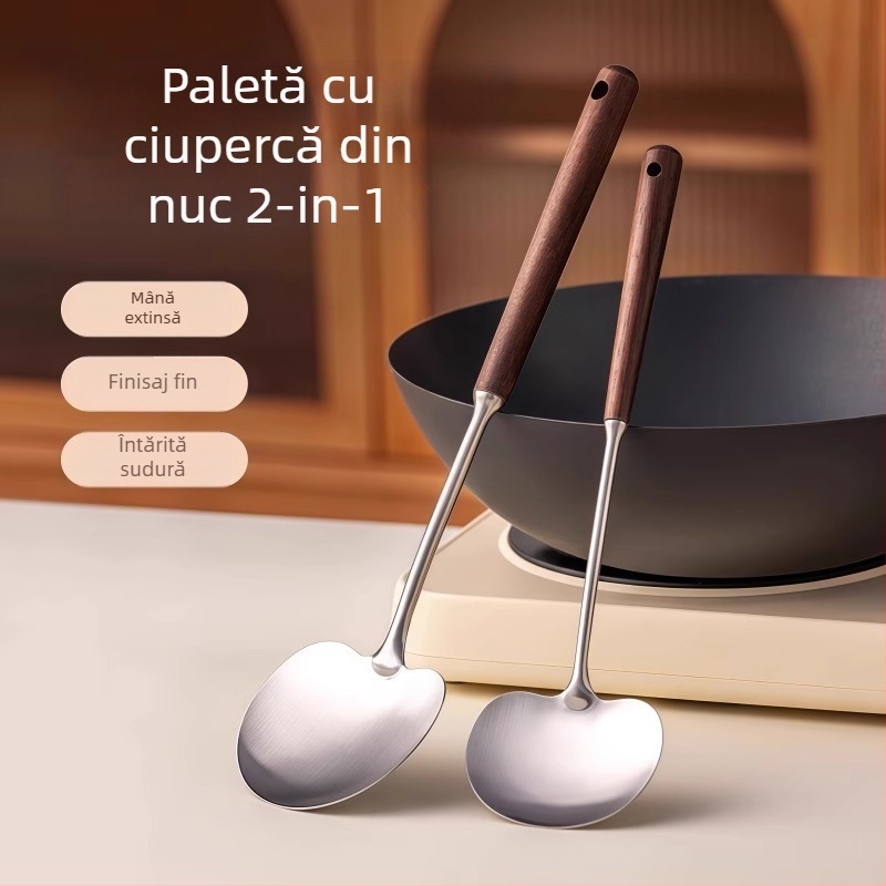 Lingură de bucătărie din oțel inoxidabil 304, mâner din lemn, antiaderent, rezistent la căldură, mâner lung