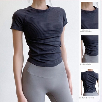 Top sport pentru femei, mâneci scurte, croială strânsă, material nylon-spandex, lungime talie, super elastic