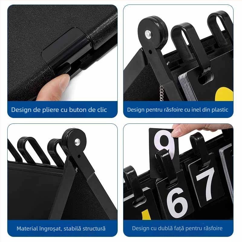Tablou de scor – ABS; compatibil cu mai multe sporturi (baschet, fotbal, tenis, badminton, tenis de masă, volei); imprimare logo disponibilă; personalizare; include card de schimbări și tablă tactică
