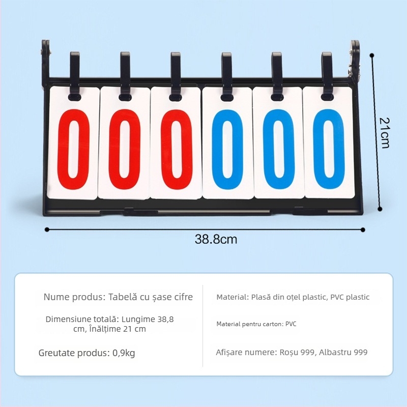 Tablou de scor – ABS; compatibil cu mai multe sporturi (baschet, fotbal, tenis, badminton, tenis de masă, volei); imprimare logo disponibilă; personalizare; include card de schimbări și tablă tactică
