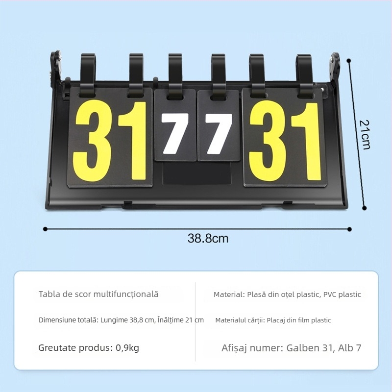 Tablou de scor – ABS; compatibil cu mai multe sporturi (baschet, fotbal, tenis, badminton, tenis de masă, volei); imprimare logo disponibilă; personalizare; include card de schimbări și tablă tactică