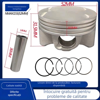 Piston pentru Yamaha NMAX155/NMAX125 – diametru 52 mm, 3 caneluri pentru inele, inel combinat, profil conic al inelului, aluminiu