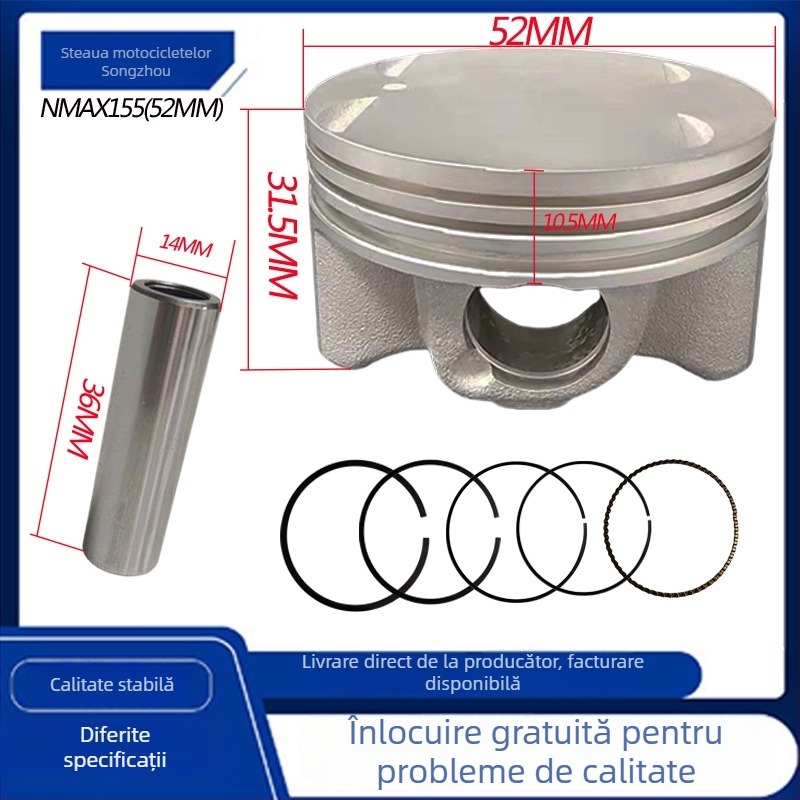 Piston pentru Yamaha NMAX155/NMAX125 – diametru 52 mm, 3 caneluri pentru inele, inel combinat, profil conic al inelului, aluminiu