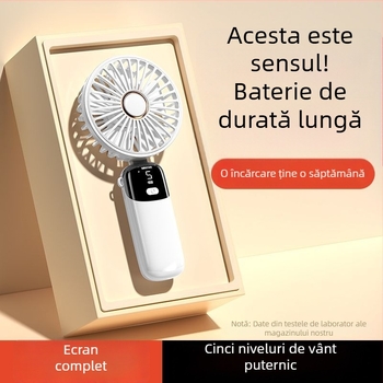 Ventilator de mână pliabil cu alimentare USB și afișaj digital – motor fără perii, baterie încorporată de 6000 mAh, 5 trepte de viteză, zgomot redus