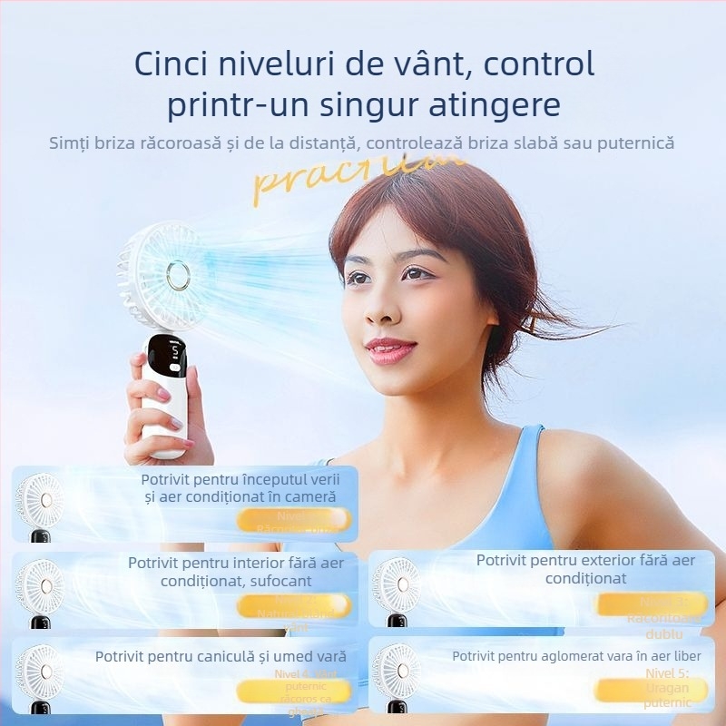 Ventilator de mână pliabil cu alimentare USB și afișaj digital – motor fără perii, baterie încorporată de 6000 mAh, 5 trepte de viteză, zgomot redus