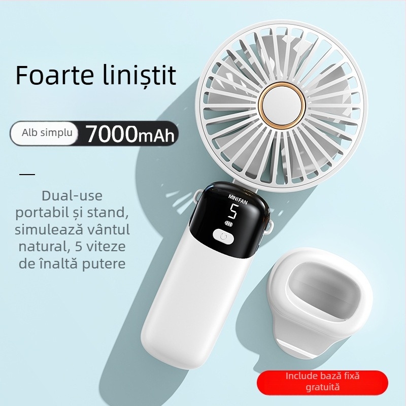 Ventilator de mână pliabil cu alimentare USB și afișaj digital – motor fără perii, baterie încorporată de 6000 mAh, 5 trepte de viteză, zgomot redus