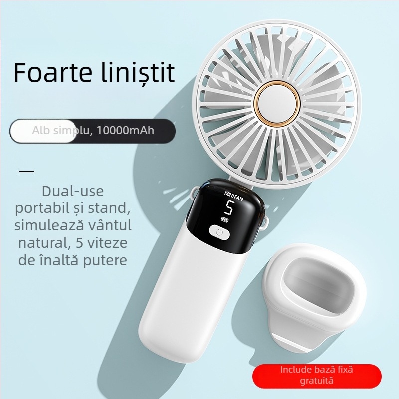 Ventilator de mână pliabil cu alimentare USB și afișaj digital – motor fără perii, baterie încorporată de 6000 mAh, 5 trepte de viteză, zgomot redus
