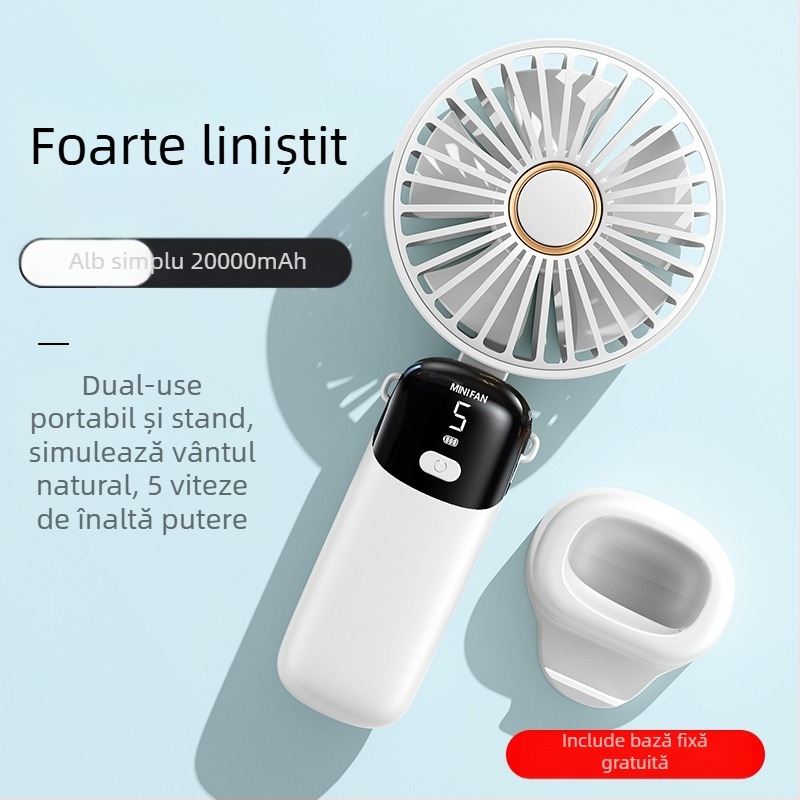 Ventilator de mână pliabil cu alimentare USB și afișaj digital – motor fără perii, baterie încorporată de 6000 mAh, 5 trepte de viteză, zgomot redus