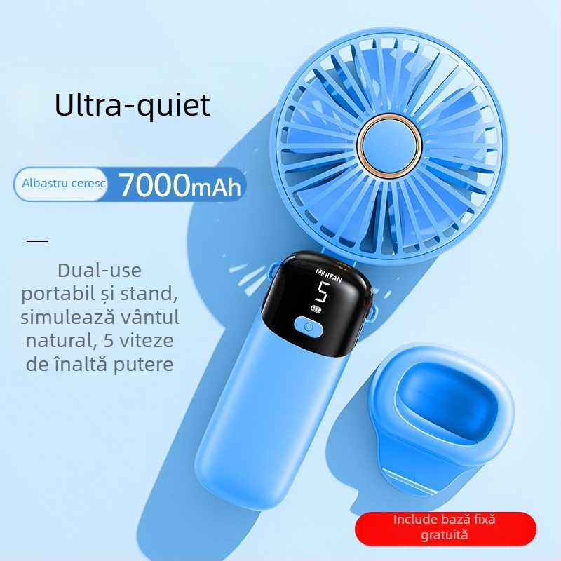 Ventilator de mână pliabil cu alimentare USB și afișaj digital – motor fără perii, baterie încorporată de 6000 mAh, 5 trepte de viteză, zgomot redus