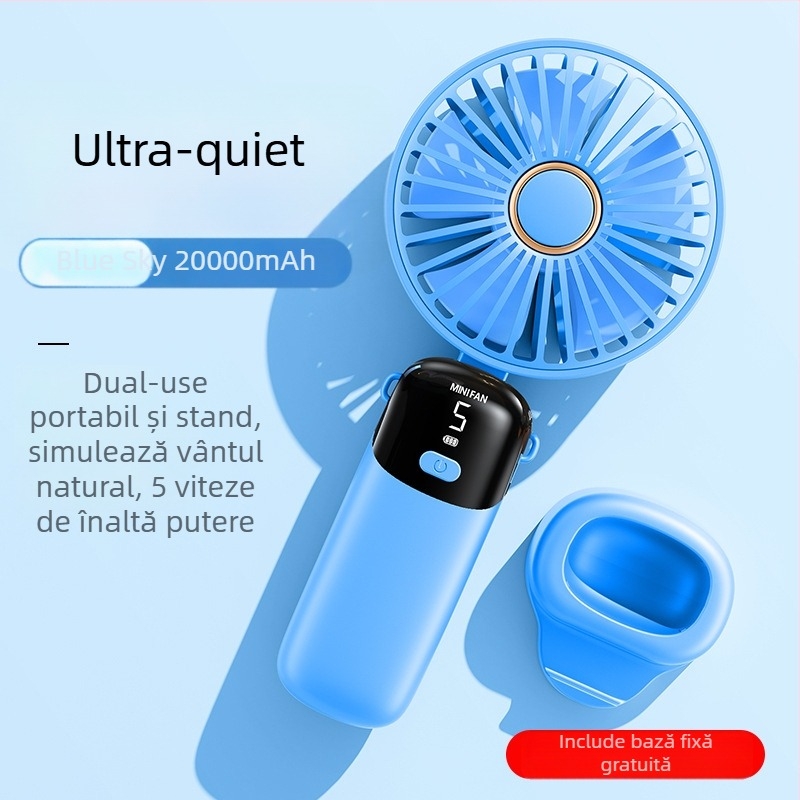 Ventilator de mână pliabil cu alimentare USB și afișaj digital – motor fără perii, baterie încorporată de 6000 mAh, 5 trepte de viteză, zgomot redus