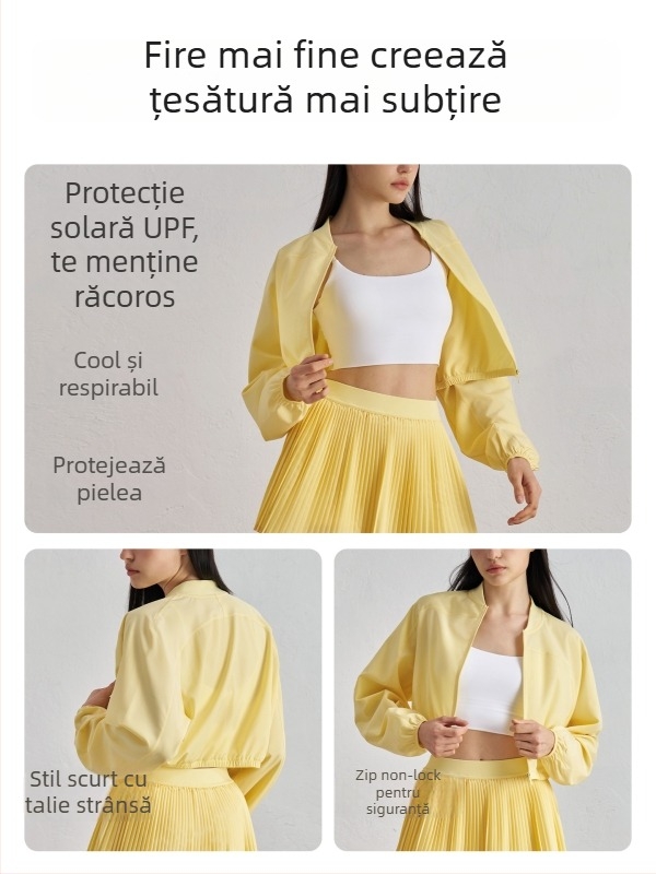 Jachetă scurtă casual yoga pentru femei, primăvară, mâneci lungi, guler înalt, din poliester 91%