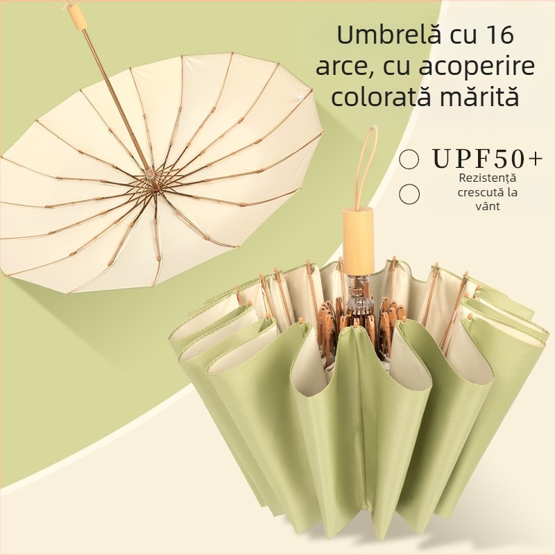 Umbrelă pliantă cu 16 spițe, UPF 50+, țesătură poliester 190T, mâner din lemn, deschidere și închidere manuală