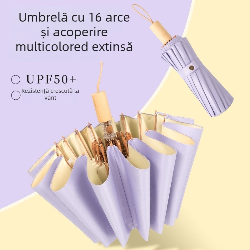 Umbrelă pliantă cu 16 spițe, UPF 50+, țesătură poliester 190T, mâner din lemn, deschidere și închidere manuală