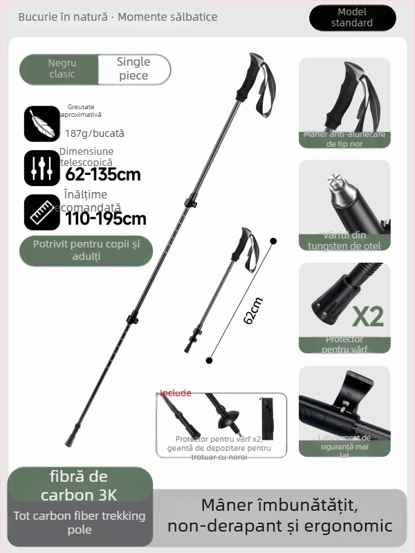 Bețe de drumeție din fibră de carbon 3K, telescopice, trei secțiuni, ultraușoare, 174 g, EVA mâner