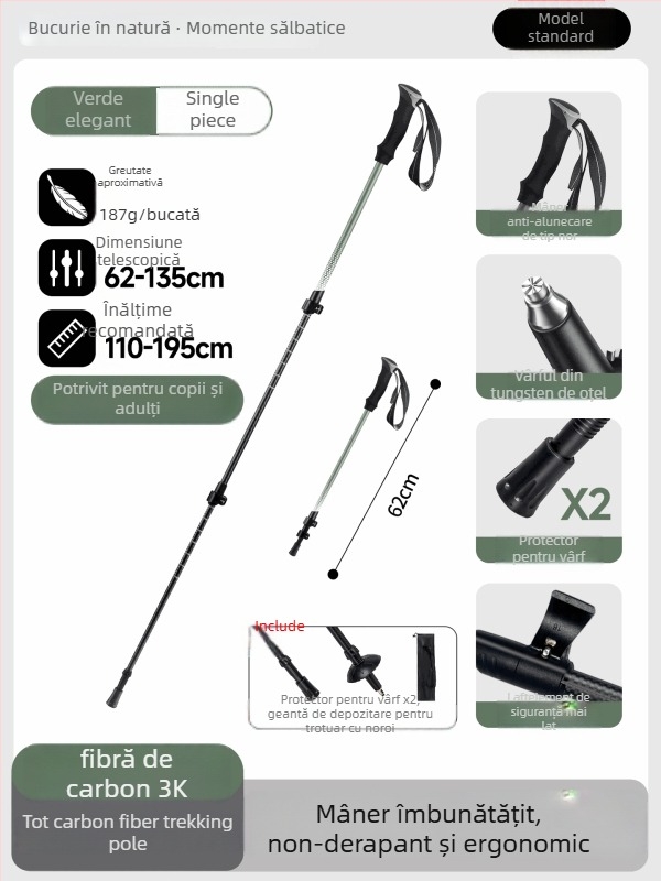 Bețe de drumeție din fibră de carbon 3K, telescopice, trei secțiuni, ultraușoare, 174 g, EVA mâner
