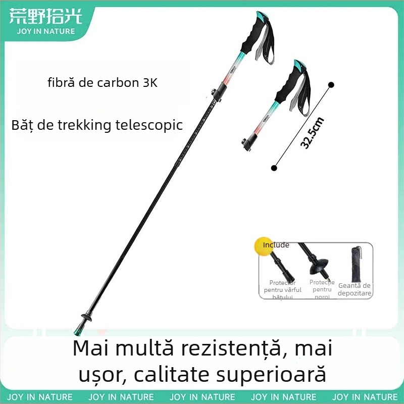 Bețe de drumeție din fibră de carbon 3K, telescopice, trei secțiuni, ultraușoare, 174 g, EVA mâner