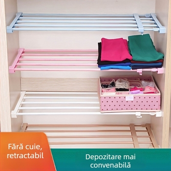 Raft extensibil de depozitare pentru garderob cu compartimente, fără cui și fără adeziv, pentru dulapuri și baie; Material: ABS + oțel cu conținut de carbon; Montaj: în picioare; Stil: creativ; 1 nivel