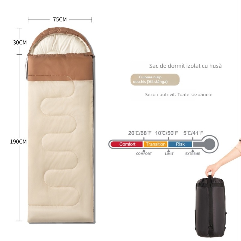 Sac de dormit pentru camping cu glugă pentru adulți — portabil, conectabil, design tip plic, umplutură din bumbac gol, material poliester, căptușeală din țesătură șlefuită, greutate 1000/1500/2000 g