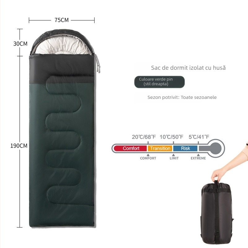 Sac de dormit pentru camping cu glugă pentru adulți — portabil, conectabil, design tip plic, umplutură din bumbac gol, material poliester, căptușeală din țesătură șlefuită, greutate 1000/1500/2000 g