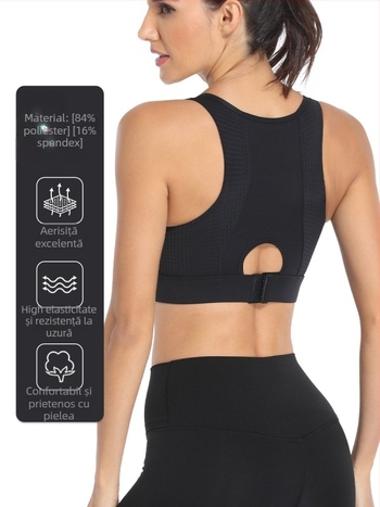 Sutien sport cu cupe modelate 3/4, bretele fixe dublu, închidere în spate cu trei rânduri de cârlige, țesătură principală 84% poliester, 16% spandex