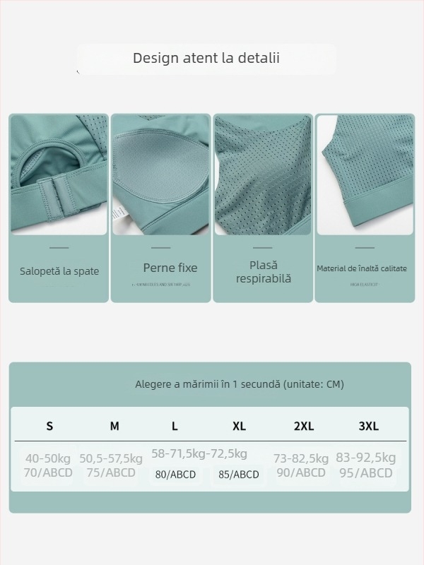 Sutien sport cu cupe modelate 3/4, bretele fixe dublu, închidere în spate cu trei rânduri de cârlige, țesătură principală 84% poliester, 16% spandex