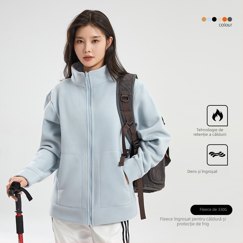 Jachetă polar din fleece unisex, guler înalt, design reversibil, căldură sporită, pentru activități în aer liber