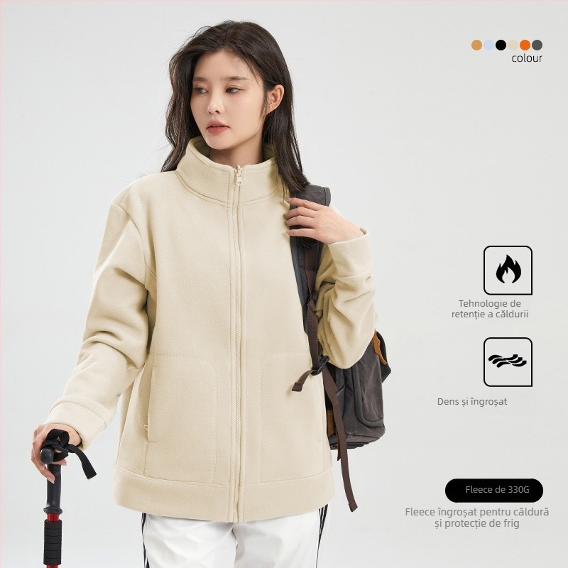 Jachetă polar din fleece unisex, guler înalt, design reversibil, căldură sporită, pentru activități în aer liber