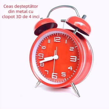 Ceas de alarmă metalic, alimentat cu baterii, mișcare electronică, cadran analog cu afișaj numeric, o singură față, carcasă și cadran din metal, design modern minimalist, cu alarmă încorporată.