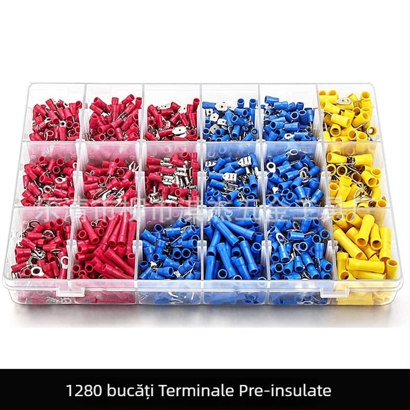 Set de 1280 terminale crimp preizolate, ambalat în cutie, conector intermediar; material: Tool Steel