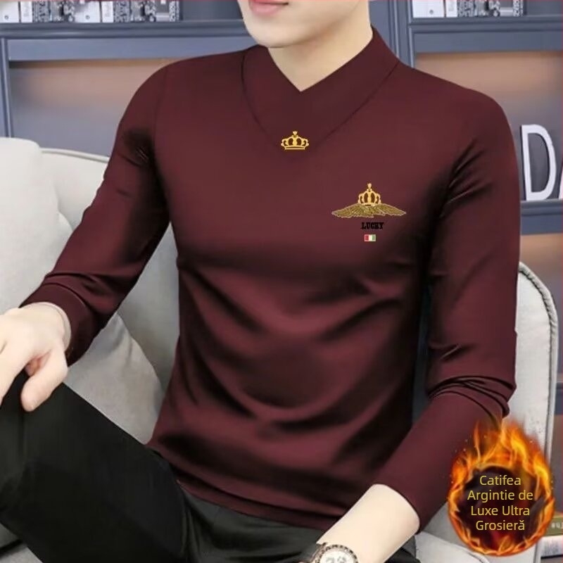 Tricou bărbătesc cu mânecă lungă, croială Slim-Fit, poliester, culoare solidă, iarnă