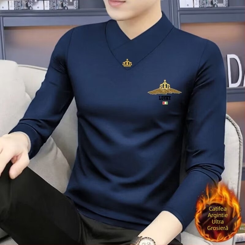 Tricou bărbătesc cu mânecă lungă, croială Slim-Fit, poliester, culoare solidă, iarnă