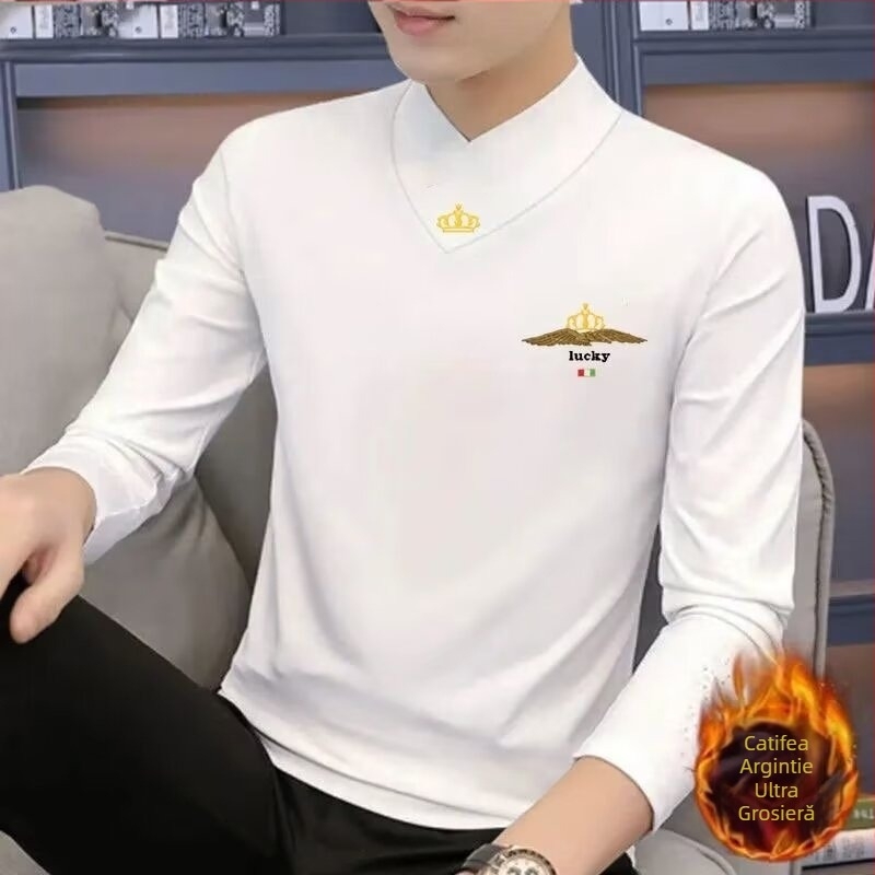 Tricou bărbătesc cu mânecă lungă, croială Slim-Fit, poliester, culoare solidă, iarnă