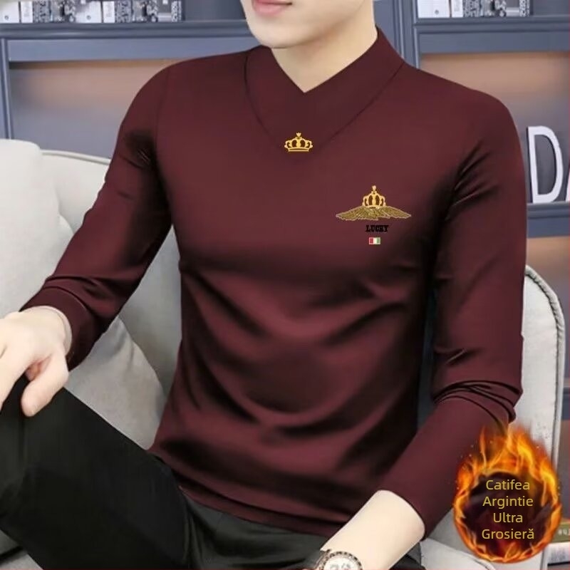 Tricou bărbătesc cu mânecă lungă, croială Slim-Fit, poliester, culoare solidă, iarnă