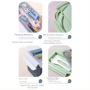 Cutie pentru prânz pentru copii cu set de pahar pentru apă – din plastic, 1–2 L, dreptunghiulară, compatibilă cu microundele, include tacâmuri, compartimente compartimentate, model desen animat