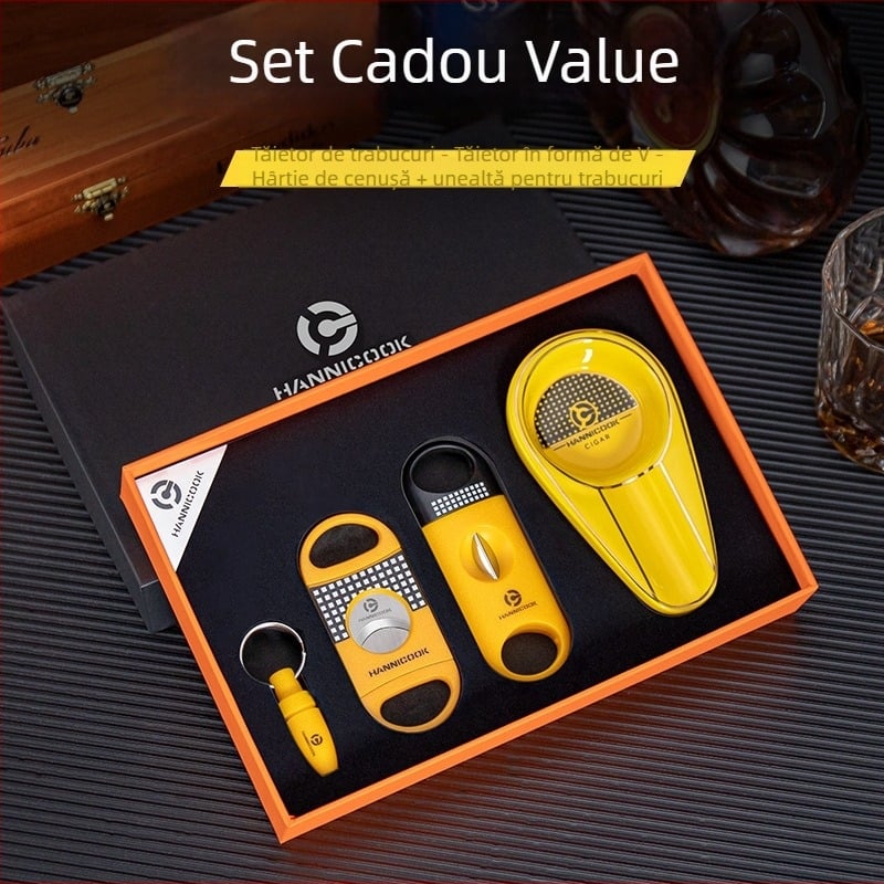 Set de unelte pentru trabucuri HANNICOOK: tăietor V din oțel inoxidabil, foarfecă plată pentru trabucuri, perforator pentru trabucuri, scrumieră