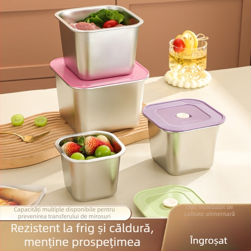 Cutie de păstrare a prospețimii din oțel inoxidabil 201, pătrată, cu capac, pentru fructe și deserturi, porționare sigilată, compatibilă cu microunde, capacitate sub 300 ml