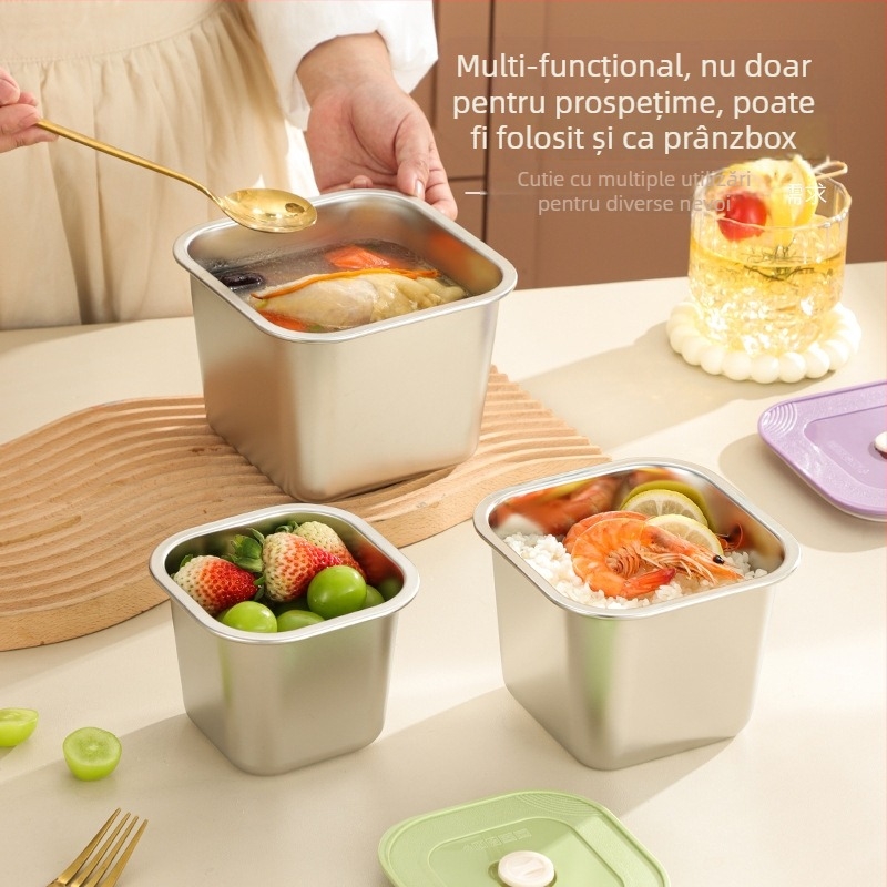 Cutie de păstrare a prospețimii din oțel inoxidabil 201, pătrată, cu capac, pentru fructe și deserturi, porționare sigilată, compatibilă cu microunde, capacitate sub 300 ml