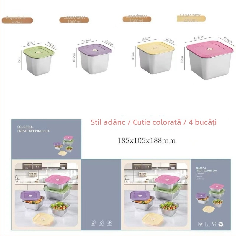 Cutie de păstrare a prospețimii din oțel inoxidabil 201, pătrată, cu capac, pentru fructe și deserturi, porționare sigilată, compatibilă cu microunde, capacitate sub 300 ml