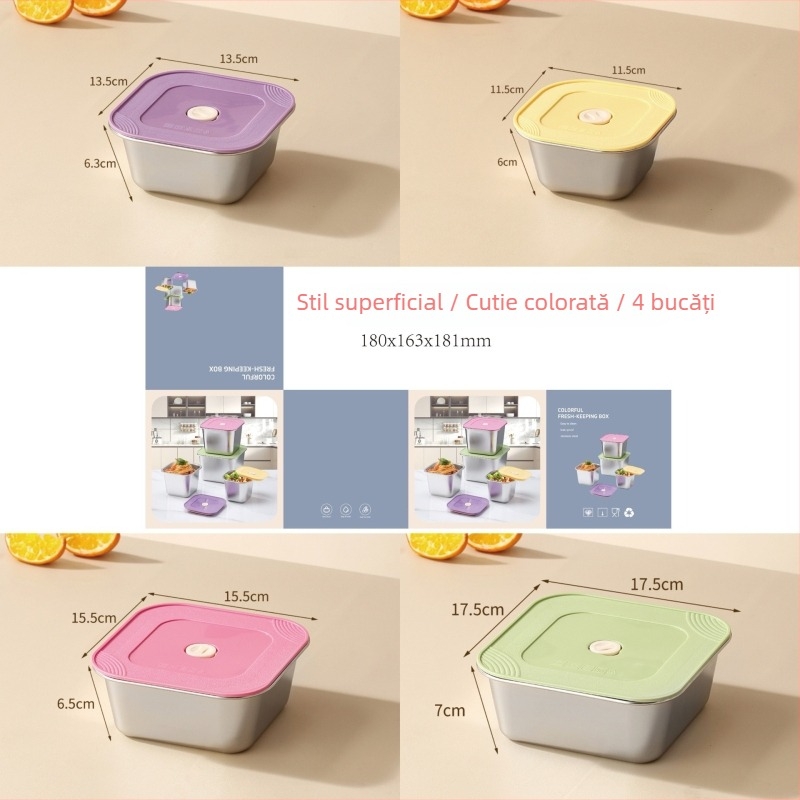 Cutie de păstrare a prospețimii din oțel inoxidabil 201, pătrată, cu capac, pentru fructe și deserturi, porționare sigilată, compatibilă cu microunde, capacitate sub 300 ml
