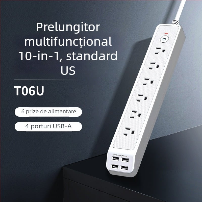 Prelungitor cu 6 prize și port USB, protecție la suprasarcină, carcasă din ABS ignifug, certificat CE