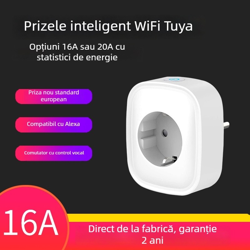 Priză inteligentă Wi-Fi cu telecomandă și temporizare – compatibilă Alexa, 16A, 110–240V, 3680W, contacte din bronz fosfor