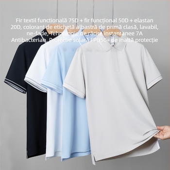 Tricou polo, mâneci scurte, croială mulată, finisaj spălat, amestec poliester 91–95%, fibre sintetice