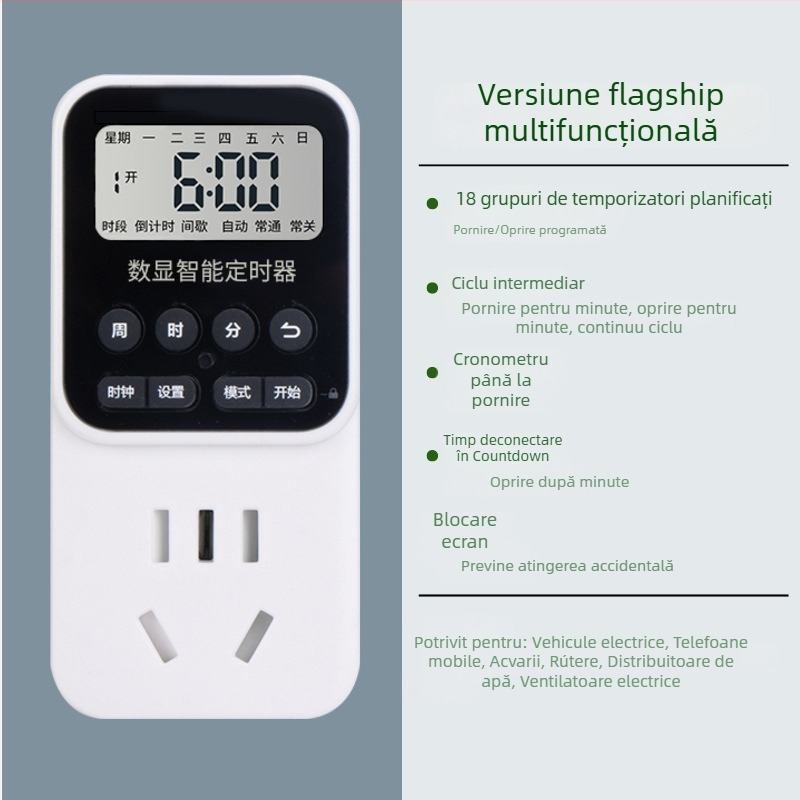 Priză inteligentă cu temporizator, întrerupere automată, control programat pentru încărcarea EV, ciclu de 24 de ore • Brand: voampere • CCC certificat • Funcție de temporizare