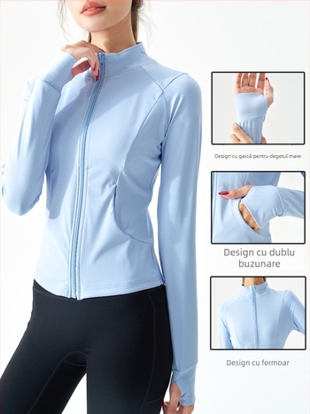 Jachetă de yoga pentru femei cu fermoar, croială slim, mâneci lungi; material exterior: nailon cu 20% elastan, căptușeală: nailon cu 80% elastan; potrivită pentru iarnă, primăvară și toamnă; pentru alergare, ciclism, drumeții