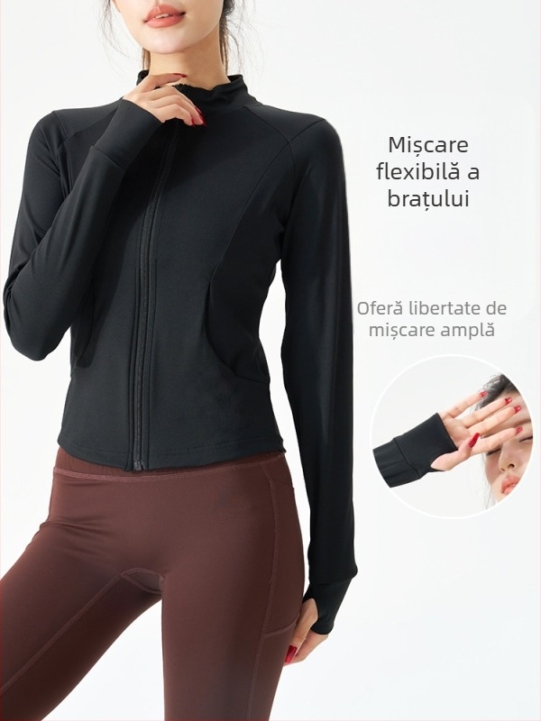 Jachetă de yoga pentru femei cu fermoar, croială slim, mâneci lungi; material exterior: nailon cu 20% elastan, căptușeală: nailon cu 80% elastan; potrivită pentru iarnă, primăvară și toamnă; pentru alergare, ciclism, drumeții