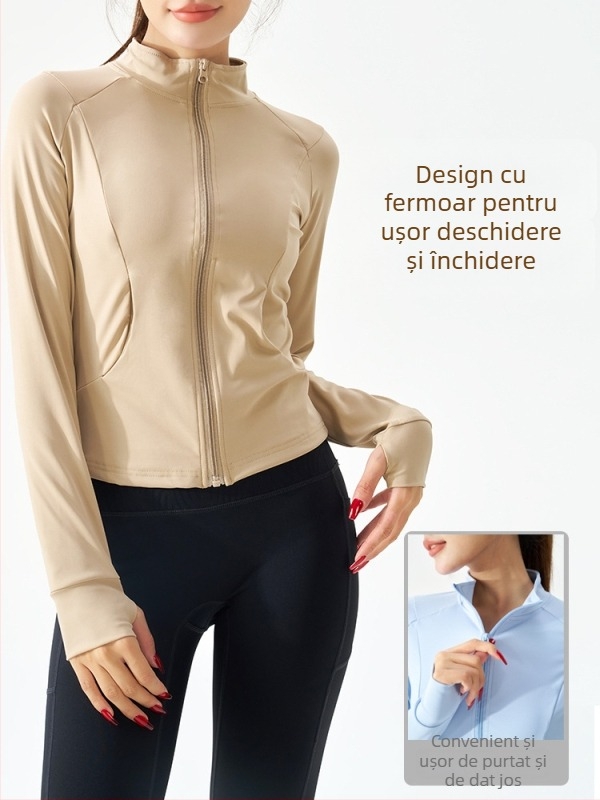 Jachetă de yoga pentru femei cu fermoar, croială slim, mâneci lungi; material exterior: nailon cu 20% elastan, căptușeală: nailon cu 80% elastan; potrivită pentru iarnă, primăvară și toamnă; pentru alergare, ciclism, drumeții