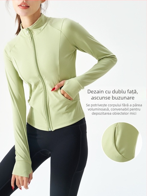 Jachetă de yoga pentru femei cu fermoar, croială slim, mâneci lungi; material exterior: nailon cu 20% elastan, căptușeală: nailon cu 80% elastan; potrivită pentru iarnă, primăvară și toamnă; pentru alergare, ciclism, drumeții