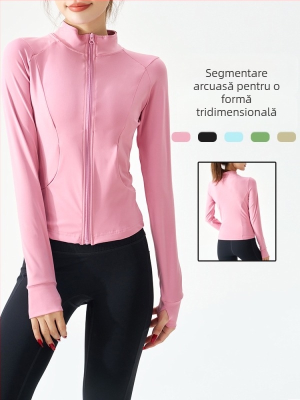 Jachetă de yoga pentru femei cu fermoar, croială slim, mâneci lungi; material exterior: nailon cu 20% elastan, căptușeală: nailon cu 80% elastan; potrivită pentru iarnă, primăvară și toamnă; pentru alergare, ciclism, drumeții