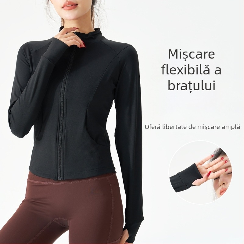 Jachetă de yoga pentru femei cu fermoar, croială slim, mâneci lungi; material exterior: nailon cu 20% elastan, căptușeală: nailon cu 80% elastan; potrivită pentru iarnă, primăvară și toamnă; pentru alergare, ciclism, drumeții