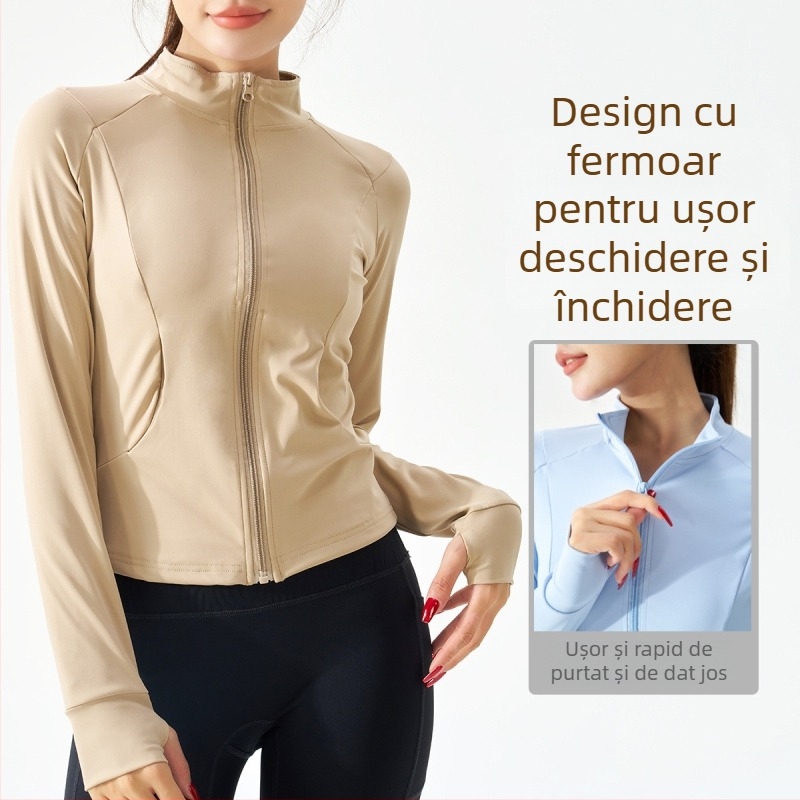 Jachetă de yoga pentru femei cu fermoar, croială slim, mâneci lungi; material exterior: nailon cu 20% elastan, căptușeală: nailon cu 80% elastan; potrivită pentru iarnă, primăvară și toamnă; pentru alergare, ciclism, drumeții